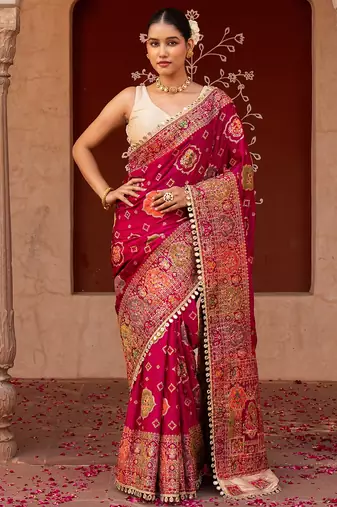 Magenta pink embroidered pure katan silk saree