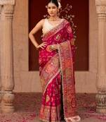 Magenta pink embroidered pure katan silk saree
