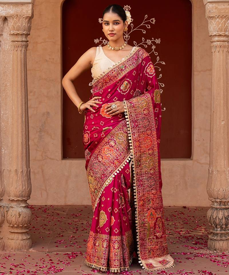 Magenta pink embroidered pure katan silk saree