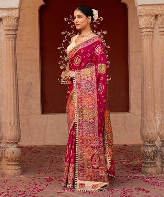 Magenta pink embroidered pure katan silk saree 2