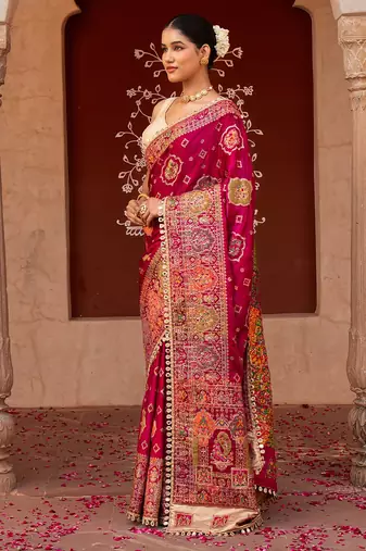 Magenta pink embroidered pure katan silk saree