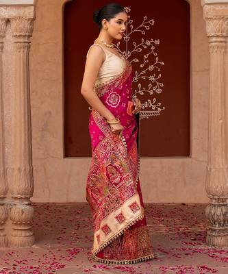 Magenta pink embroidered pure katan silk saree 3