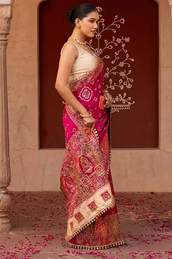 Magenta pink embroidered pure katan silk saree