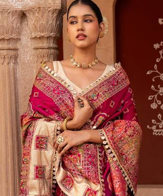 Magenta pink embroidered pure katan silk saree 4