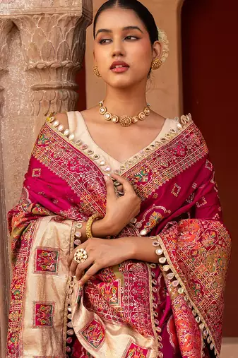 Magenta pink embroidered pure katan silk saree