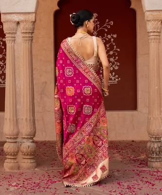Magenta pink embroidered pure katan silk saree 5