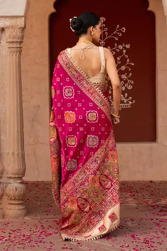Magenta pink embroidered pure katan silk saree