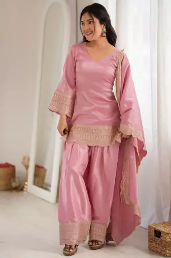 Dusty Pink Color Sharara Suit Set With Dupatta Designer Farshi Salwar 