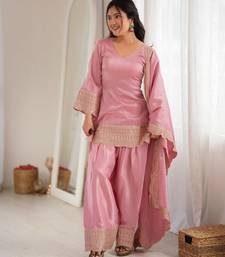 Dusty Pink Color Sharara Suit Set With Dupatta Designer Farshi Salwar 