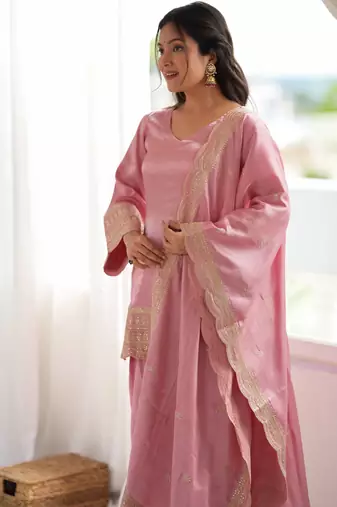 Dusty Pink Color Sharara Suit Set With Dupatta Designer Farshi Salwar 