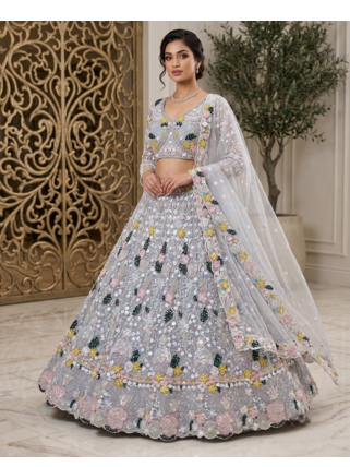 Women's Grey Floral Embroidered Sequins Work Lehenga Choli with Net Dupatta 1