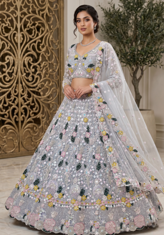 Women's Grey Floral Embroidered Sequins Work Lehenga Choli with Net Dupatta