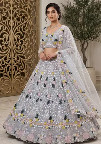 Women's Grey Floral Embroidered Sequins Work Lehenga Choli with Net Dupatta
