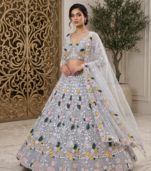 Women's Grey Floral Embroidered Sequins Work Lehenga Choli with Net Dupatta