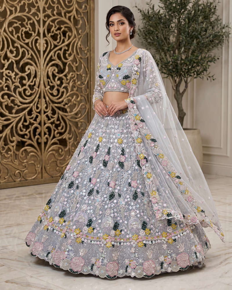 Women's Grey Floral Embroidered Sequins Work Lehenga Choli with Net Dupatta