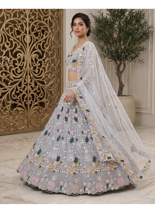 Women's Grey Floral Embroidered Sequins Work Lehenga Choli with Net Dupatta 2