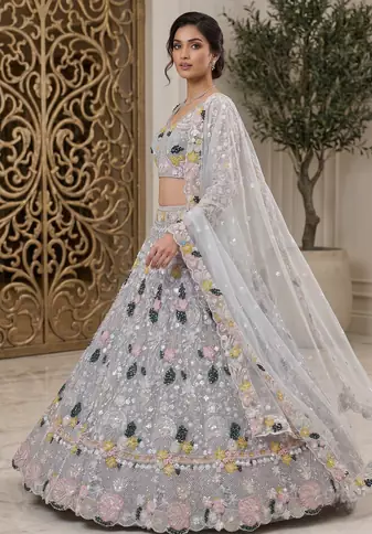 Women's Grey Floral Embroidered Sequins Work Lehenga Choli with Net Dupatta