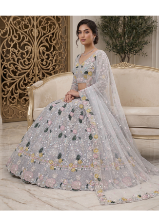 Women's Grey Floral Embroidered Sequins Work Lehenga Choli with Net Dupatta 3