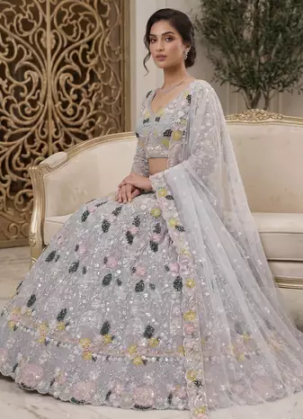 Women's Grey Floral Embroidered Sequins Work Lehenga Choli with Net Dupatta