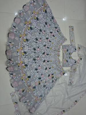 Women's Grey Floral Embroidered Sequins Work Lehenga Choli with Net Dupatta 4