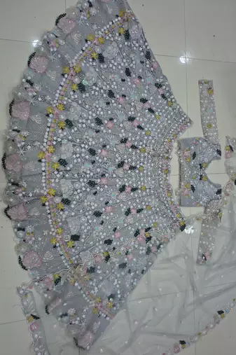 Women's Grey Floral Embroidered Sequins Work Lehenga Choli with Net Dupatta