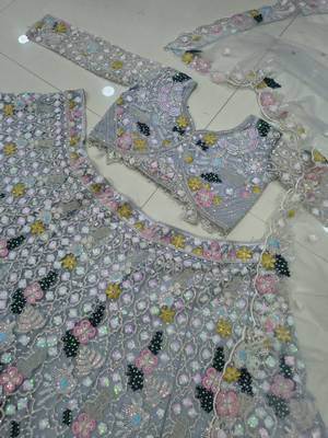 Women's Grey Floral Embroidered Sequins Work Lehenga Choli with Net Dupatta 5