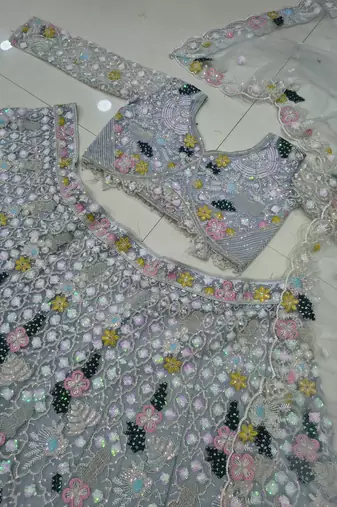 Women's Grey Floral Embroidered Sequins Work Lehenga Choli with Net Dupatta