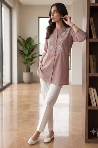 Oniun embroidered short tunic kurti with off-white bottom set