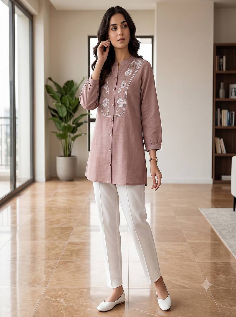 Oniun embroidered short tunic kurti with off-white bottom set