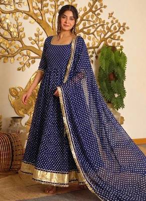 Blue Color Bandehj Anarkali Gown Suit Set With Dupatta Festival Wear Gown Suit Set 1