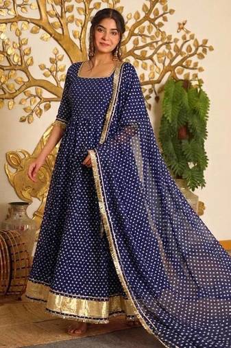 Blue Color Bandehj Anarkali Gown Suit Set With Dupatta Festival Wear Gown Suit Set