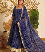 Blue Color Bandehj Anarkali Gown Suit Set With Dupatta Festival Wear Gown Suit Set