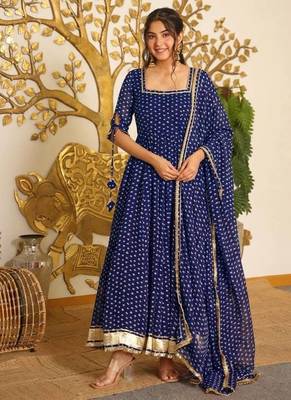 Blue Color Bandehj Anarkali Gown Suit Set With Dupatta Festival Wear Gown Suit Set 2