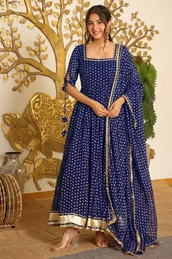 Blue Color Bandehj Anarkali Gown Suit Set With Dupatta Festival Wear Gown Suit Set
