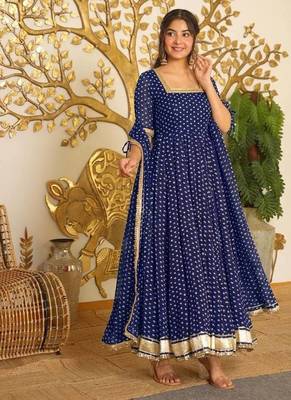 Blue Color Bandehj Anarkali Gown Suit Set With Dupatta Festival Wear Gown Suit Set 3