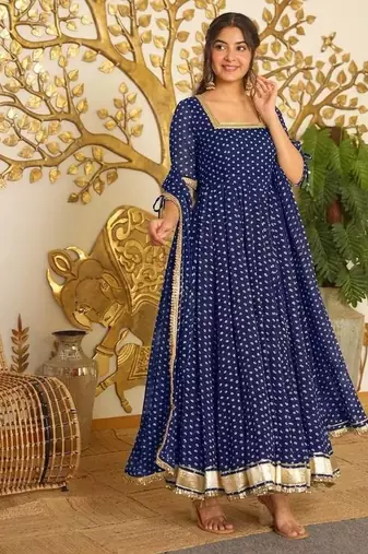 Blue Color Bandehj Anarkali Gown Suit Set With Dupatta Festival Wear Gown Suit Set