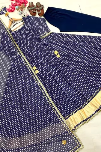 Blue Color Bandehj Anarkali Gown Suit Set With Dupatta Festival Wear Gown Suit Set