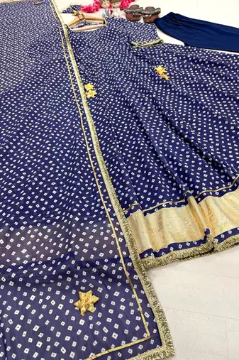Blue Color Bandehj Anarkali Gown Suit Set With Dupatta Festival Wear Gown Suit Set