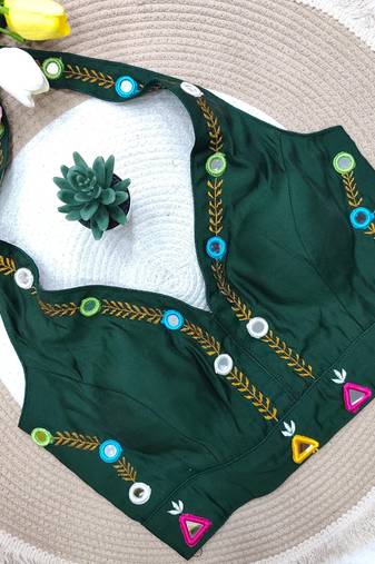 Green navratri rayon silk blend thread & mirror work blouse