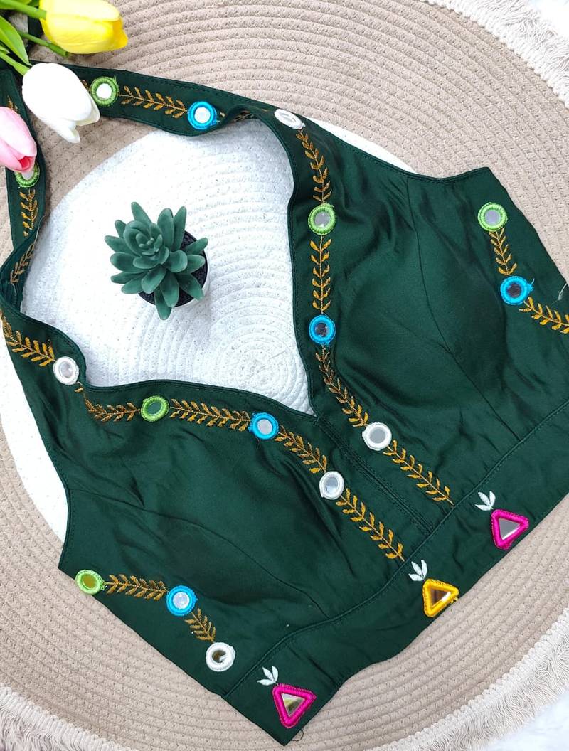 Green navratri rayon silk blend thread & mirror work blouse