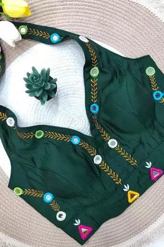 Green navratri rayon silk blend thread & mirror work blouse