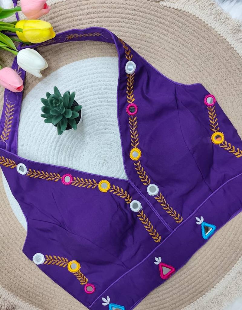 Purple navratri rayon silk blend thread & mirror work blouse