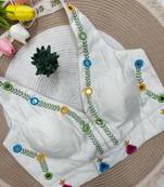 White navratri rayon silk blend thread & mirror work blouse