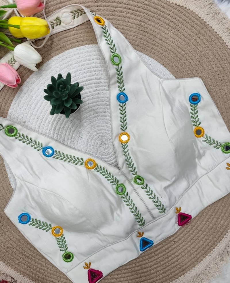 White navratri rayon silk blend thread & mirror work blouse