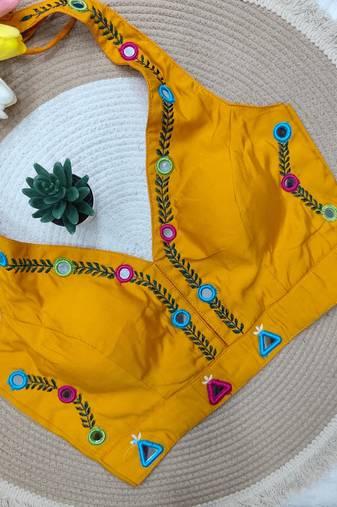 Yellow navratri rayon silk blend thread & mirror work blouse