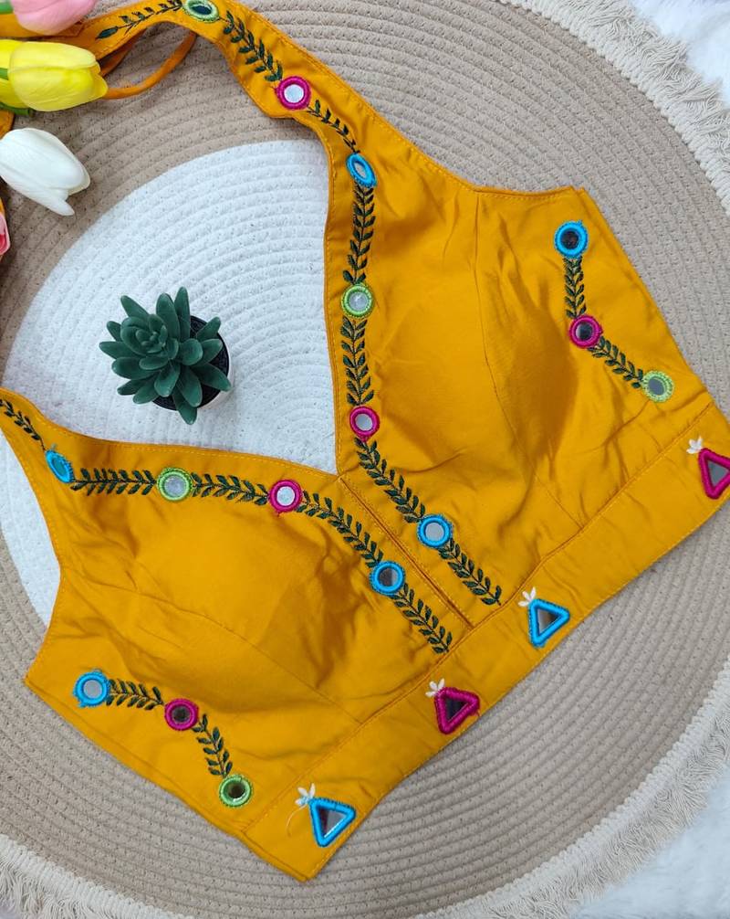 Yellow navratri rayon silk blend thread & mirror work blouse