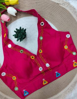 Rani pink navratri rayon silk blend thread & mirror work blouse 1