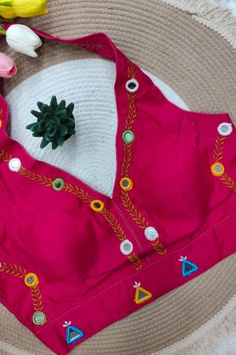 Rani pink navratri rayon silk blend thread & mirror work blouse