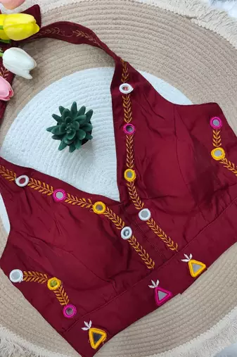 Maroon navratri rayon silk blend thread & mirror work blouse