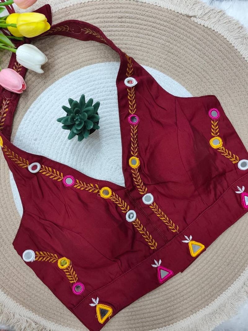 Maroon navratri rayon silk blend thread & mirror work blouse